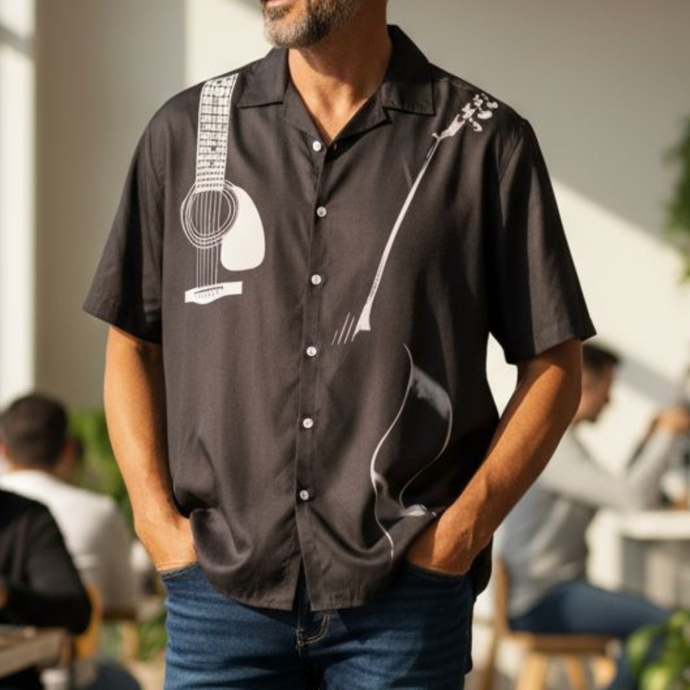 NWT  Black Short Sleeve American Fit Hawaiian Guitar Print XXL